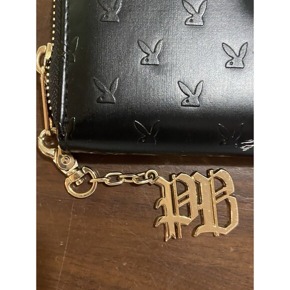 Black Faux Leather Embossed Playboy Wallet with Gold Plate Logo And PB Charm - Picture 3 of 14